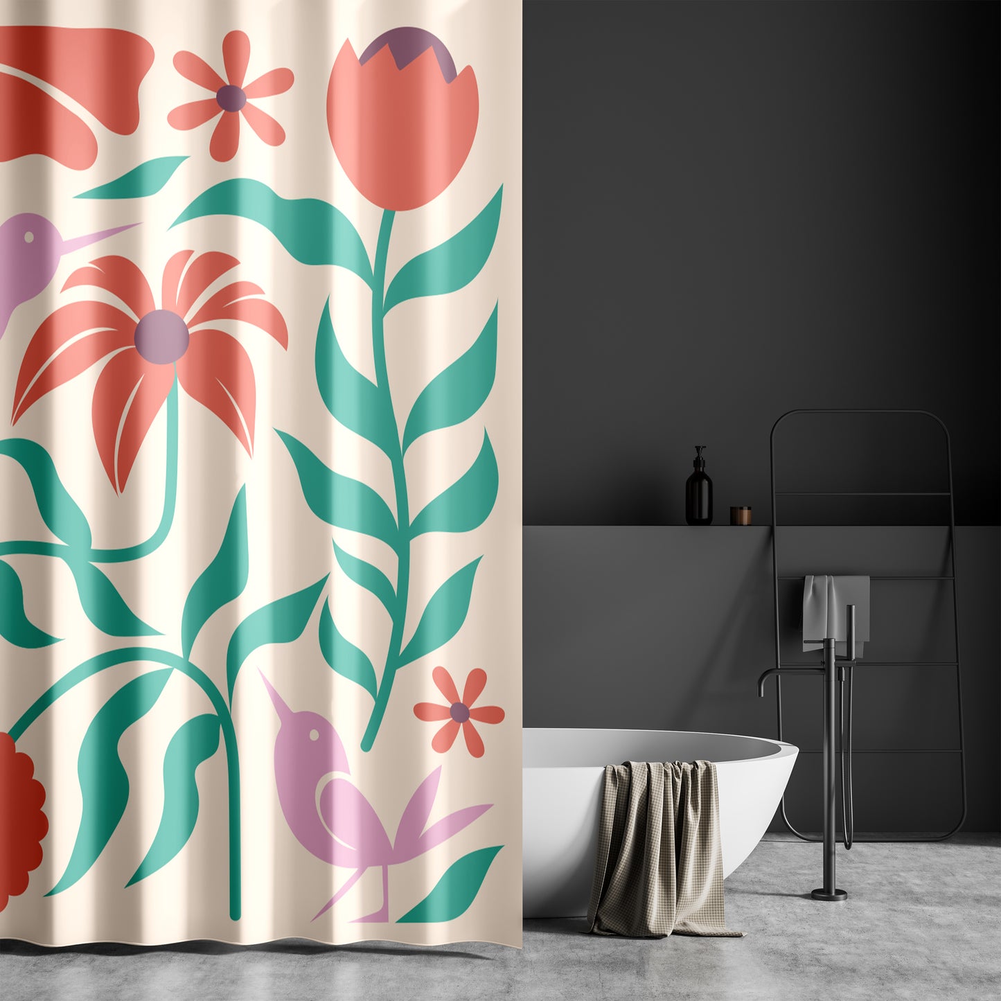Cream Boho Shower Curtain for Bathroom with Floral Hummingbird Design Red and Green Bohemian Flowers Mauve Hummingbirds on Cream Fabric | Quick Drying, Water-Repellent Machine Washable Shower Curtain