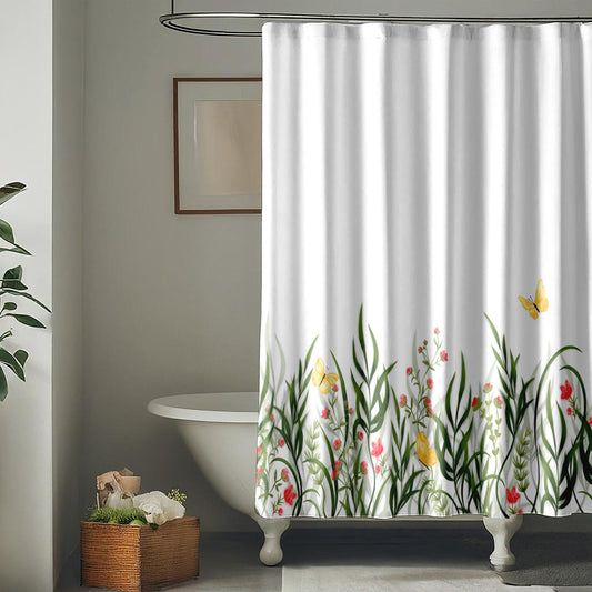 Botanical Bathroom Shower Curtain with Butterflies with| Whimsical Floral Butterfly Design | Earthy Green Red Yellow on White Fabric | Quick Drying Water-Repellent Machine Washable Fabric Shower Curtain