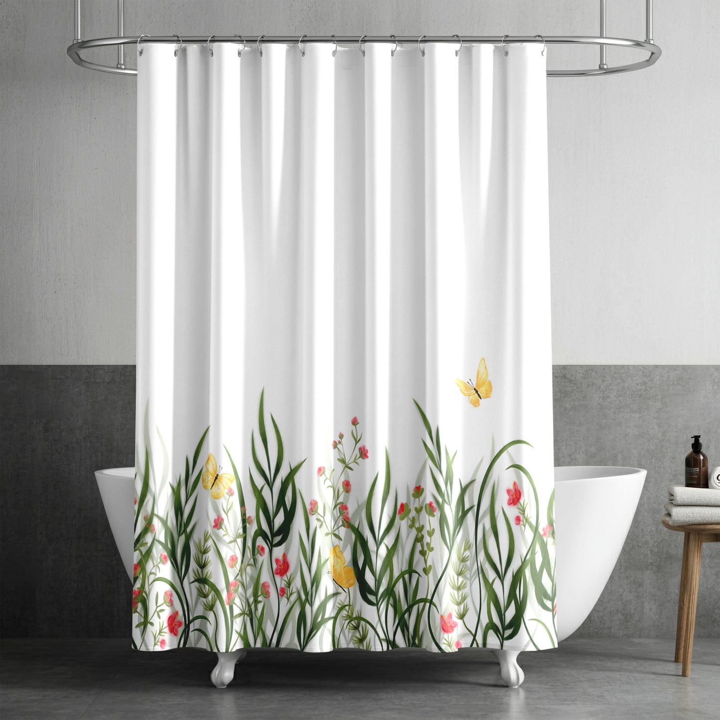 Botanical Bathroom Shower Curtain with Butterflies with| Whimsical Floral Butterfly Design | Earthy Green Red Yellow on White Fabric | Quick Drying Water-Repellent Machine Washable Fabric Shower Curtain
