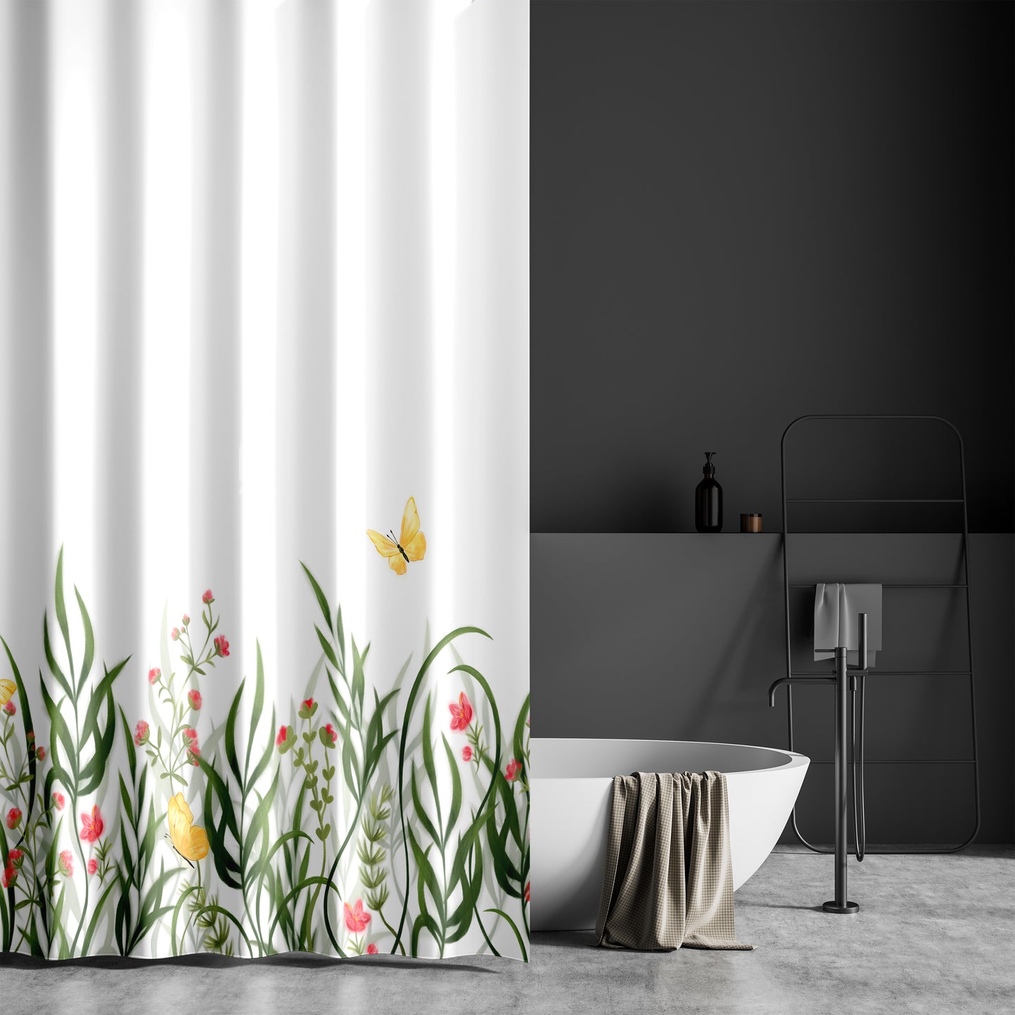 Botanical Bathroom Shower Curtain with Butterflies with| Whimsical Floral Butterfly Design | Earthy Green Red Yellow on White Fabric | Quick Drying Water-Repellent Machine Washable Fabric Shower Curtain