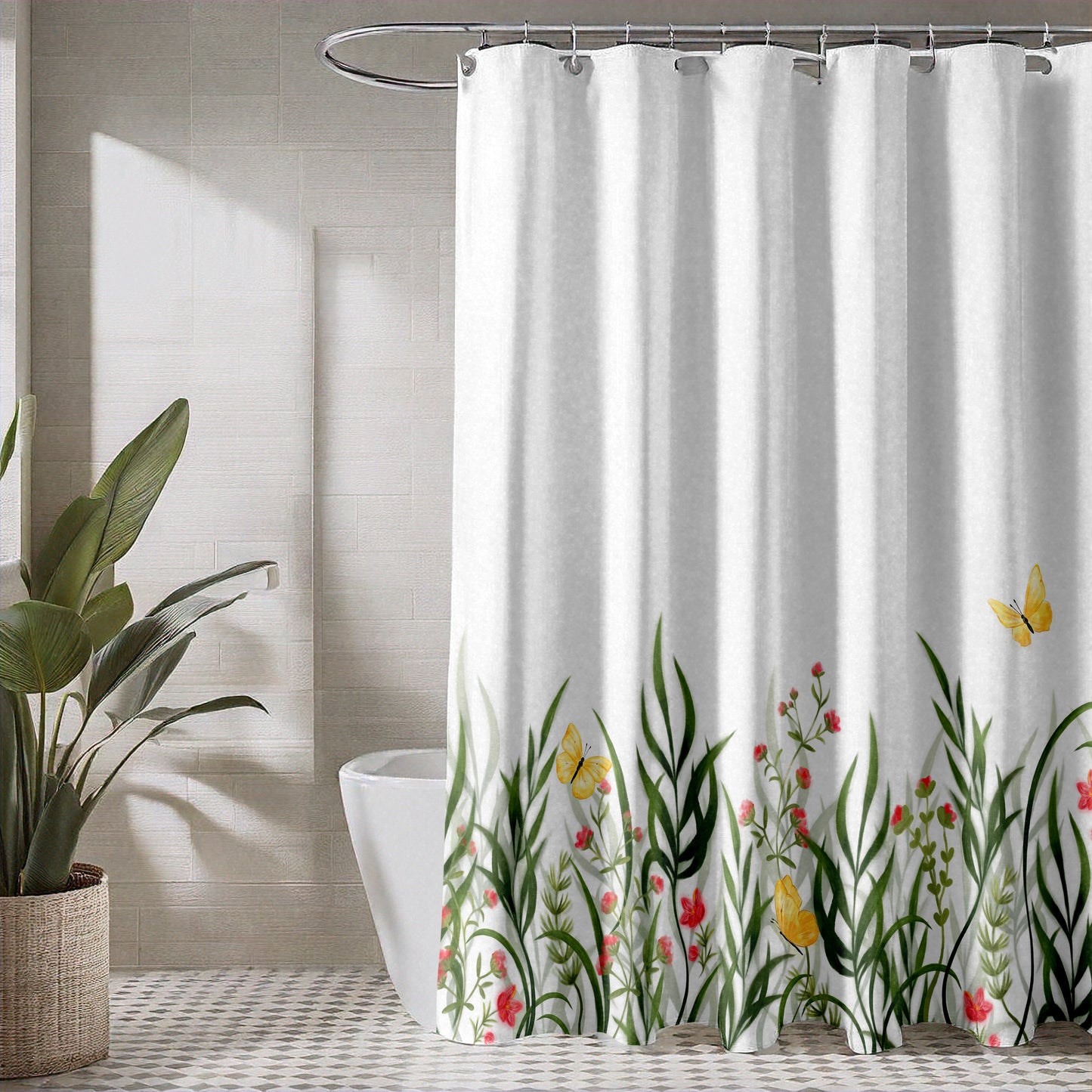 Botanical Bathroom Shower Curtain with Butterflies with| Whimsical Floral Butterfly Design | Earthy Green Red Yellow on White Fabric | Quick Drying Water-Repellent Machine Washable Fabric Shower Curtain