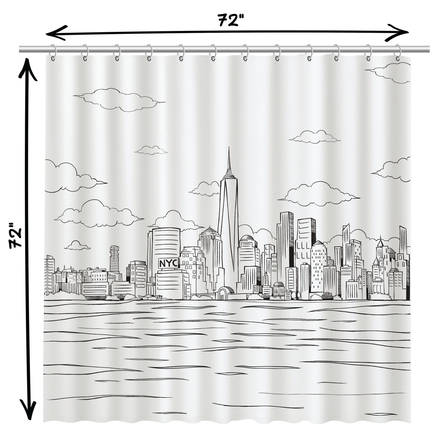 Black & White New York City Skyline Artwork by NYwC | Quick Drying Water Resistant Washable Fabric | Use as Shower Curtain Liner or Shower Curtian