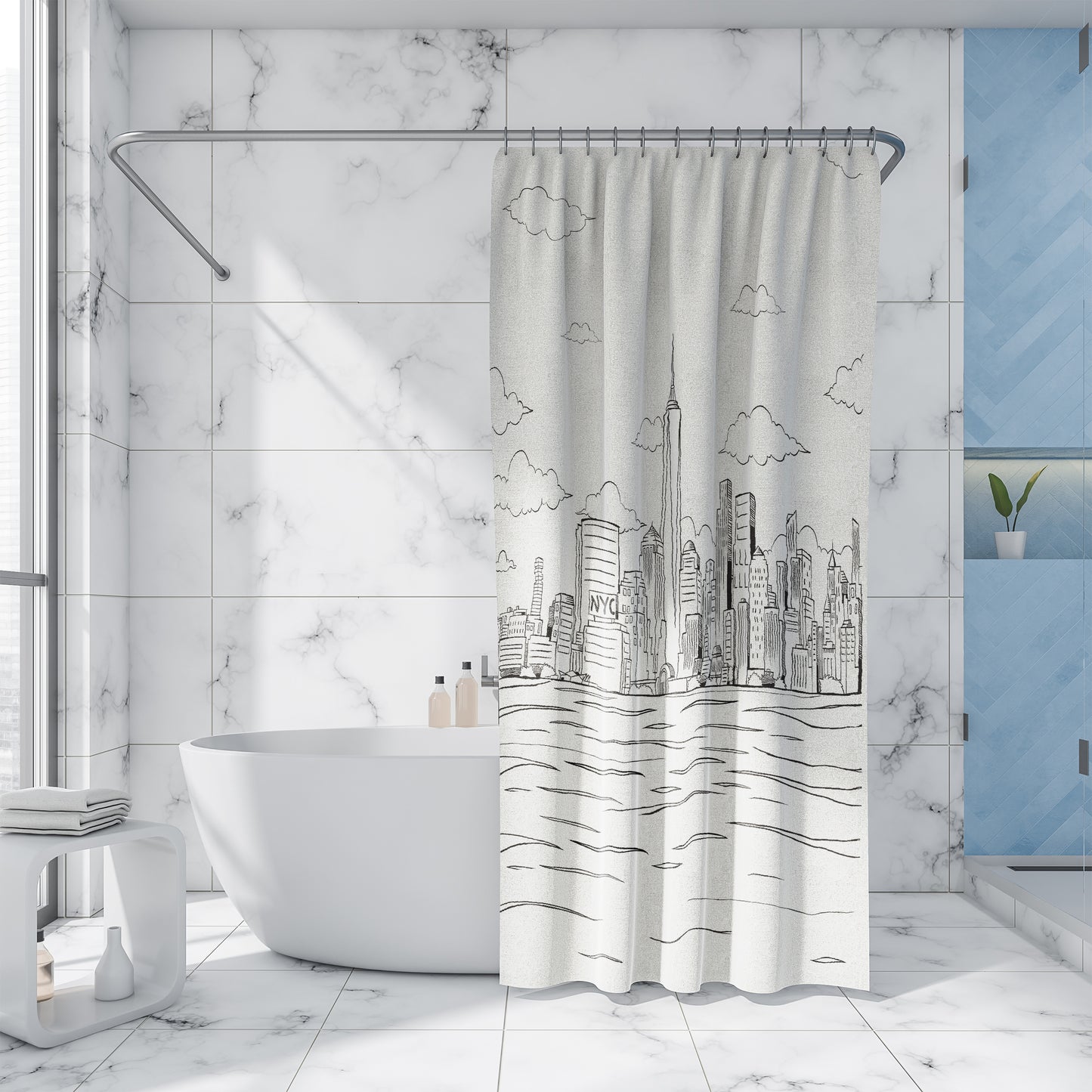 Black & White New York City Skyline Artwork by NYwC | Quick Drying Water Resistant Washable Fabric | Use as Shower Curtain Liner or Shower Curtian